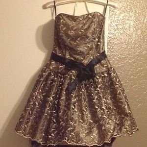 Black and gold lacy cocktail dress, strapless